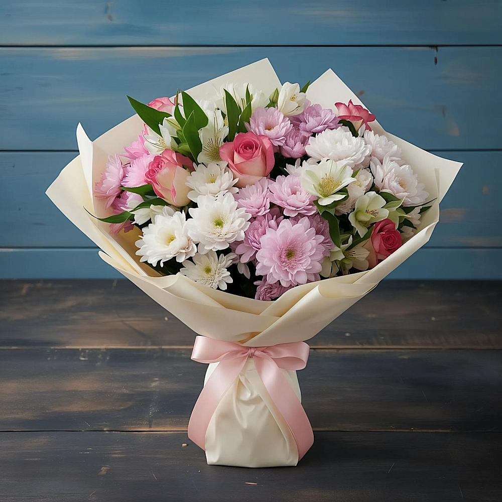 Букет цветов из: Хризантемы, Альстромерии и Розы в Бижбуляк